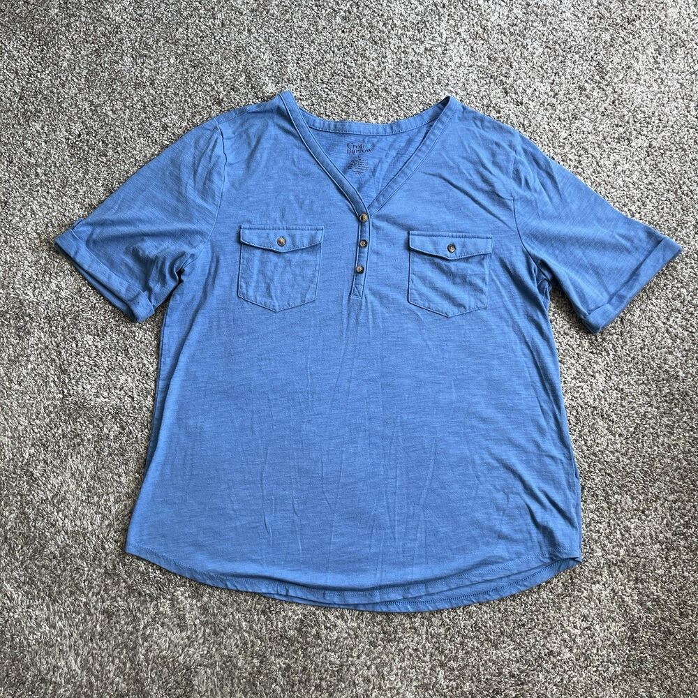Croft & Barrow Women's Blouse Large blue pullover Henley Pockets Short Sleeve